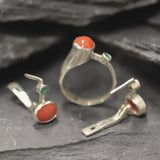 Red Coral Ring - Natural Emerald Ring - Red Green Vintage Ring