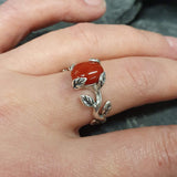 Red Coral Ring - Silver Leaves Ring - Olive Branch Ring