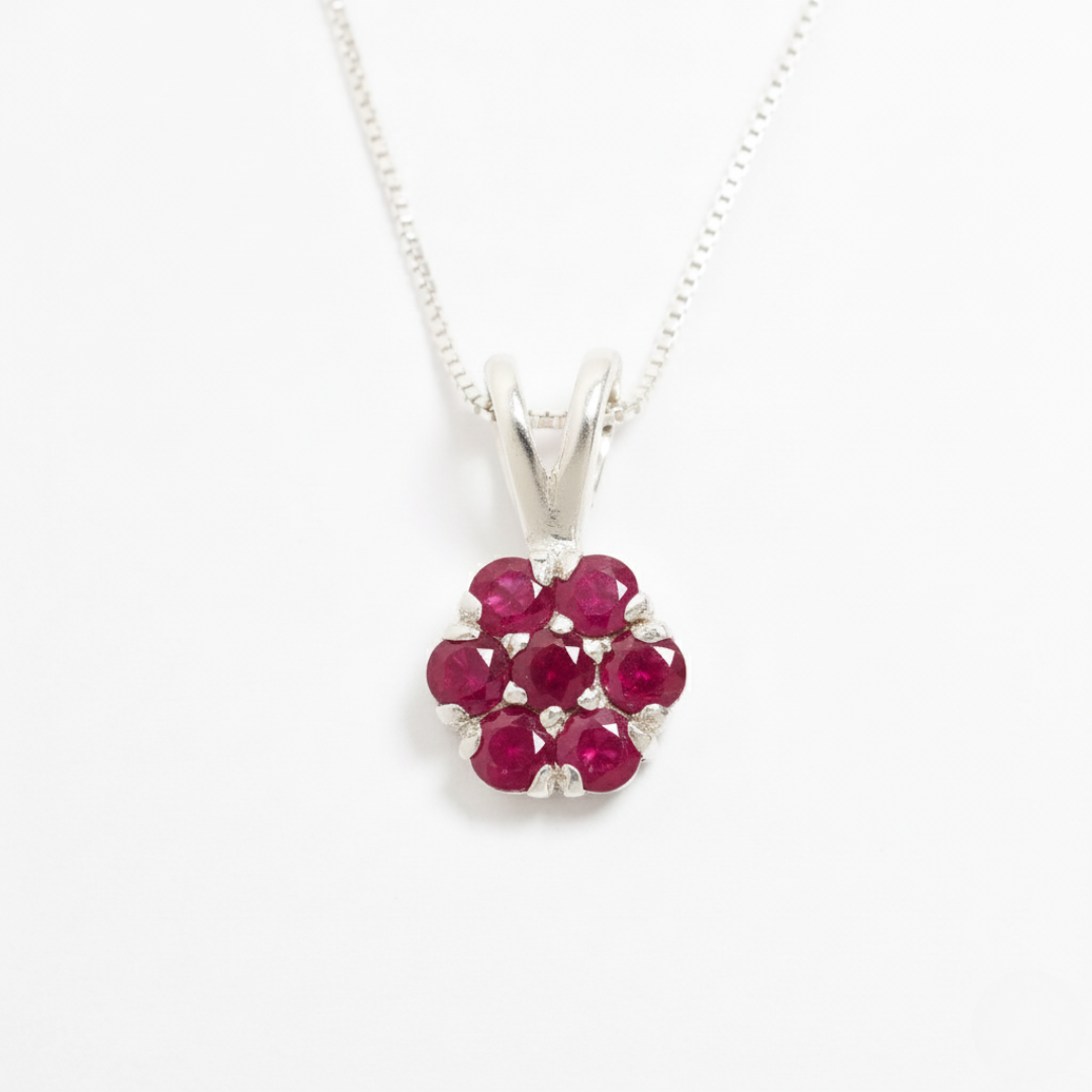 Natural Ruby Pendant made in 925 Sterling Silver with Round Natural Red Ruby in Cluster setting, July Birthstone gift idea, symbolizes nobility, purity, and passion, ideal for everyday wear and perfect for birthday gifting and special occasions.