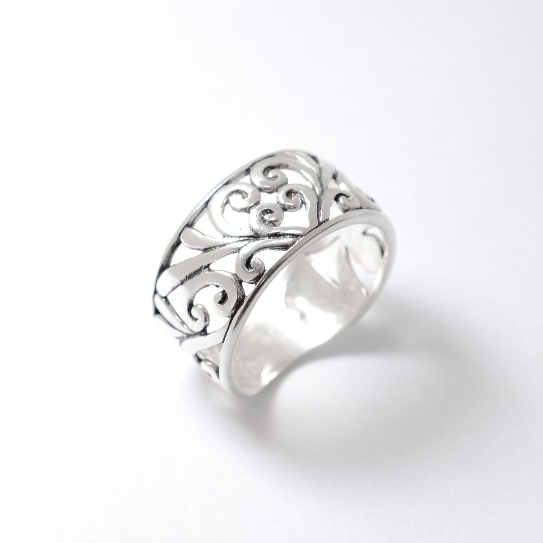 Ornament Band, Silver Leaf Ring, Filigree Band, Heart Band, Wide Silver Ring, Sturdy Silver Ring, Solid Silver Ring, Sterling Silver Band