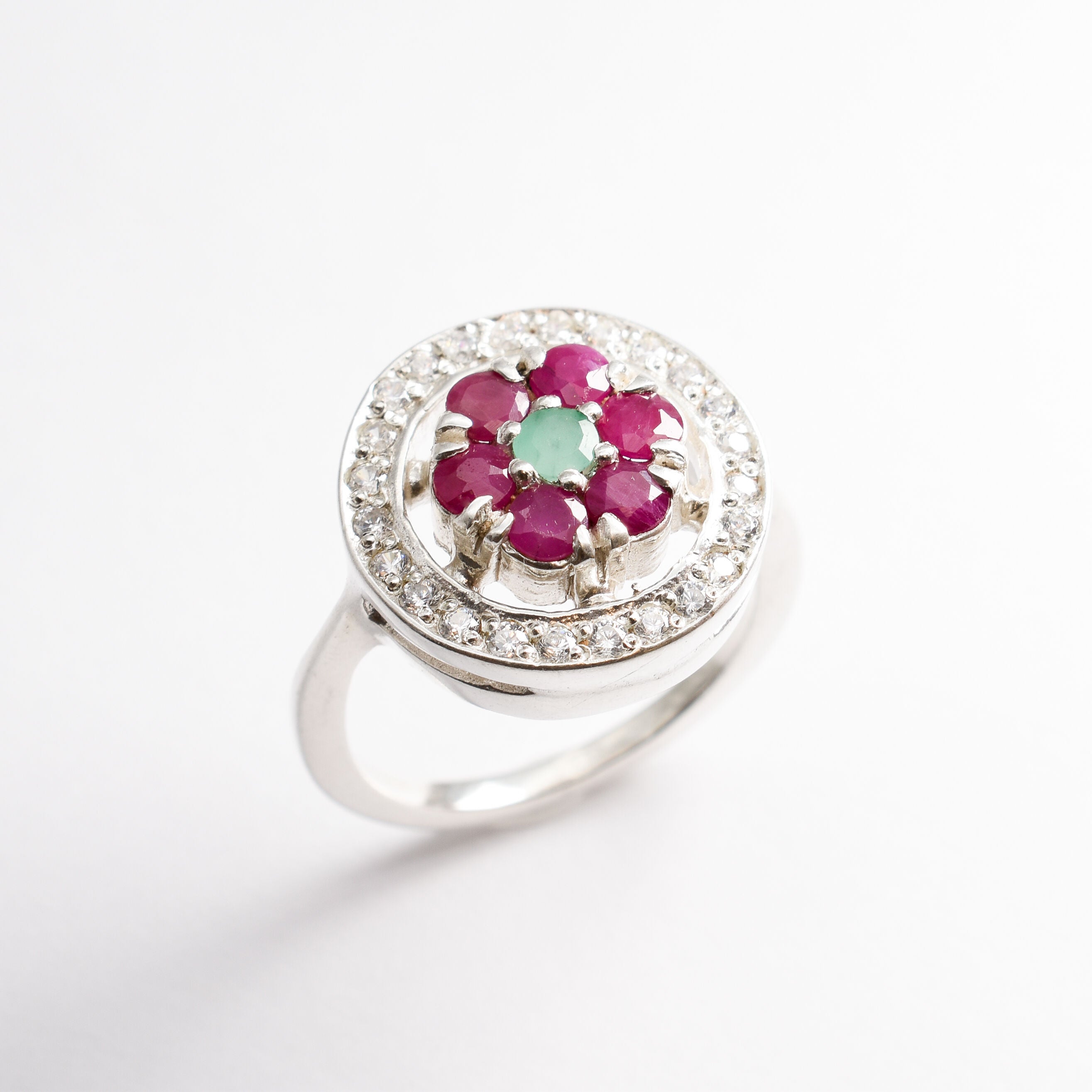 Natural Ruby Ring made in 925 Sterling Silver with Round Natural Red Ruby in Cluster setting, July Birthstone gift idea, symbolizes nobility, purity, and passion, ideal for everyday wear and perfect for birthday gifting and special occasions.