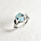 Gold Aquamarine Ring - Vintage Oval Ring - Blue Leaves Ring