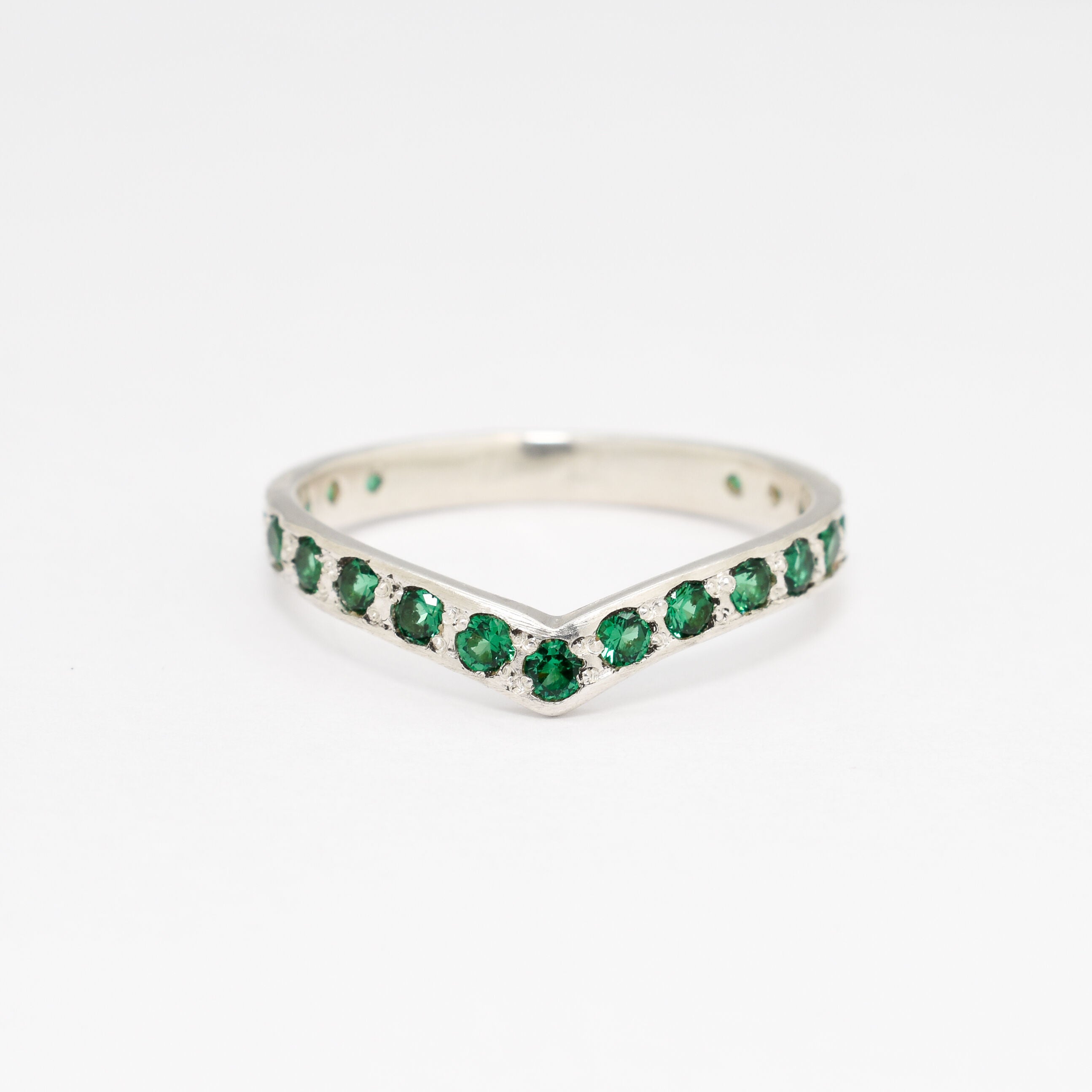 Emerald Eternity Ring - Green Wishbone Ring - Dainty Chevron Ring