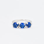 Created Sapphire Ring made in 925 Sterling Silver with Round Created Blue Sapphire in Three-Stone setting, September Birthstone gift idea, symbolizes sincerity, truth, and faithfulness, ideal for everyday wear and perfect for birthday gifting and special occasions.