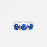 Created Sapphire Ring made in 925 Sterling Silver with Round Created Blue Sapphire in Three-Stone setting, September Birthstone gift idea, symbolizes sincerity, truth, and faithfulness, ideal for everyday wear and perfect for birthday gifting and special occasions.