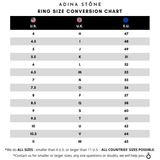 Ring size conversion chart showing US and international sizes for accurate ring fitting