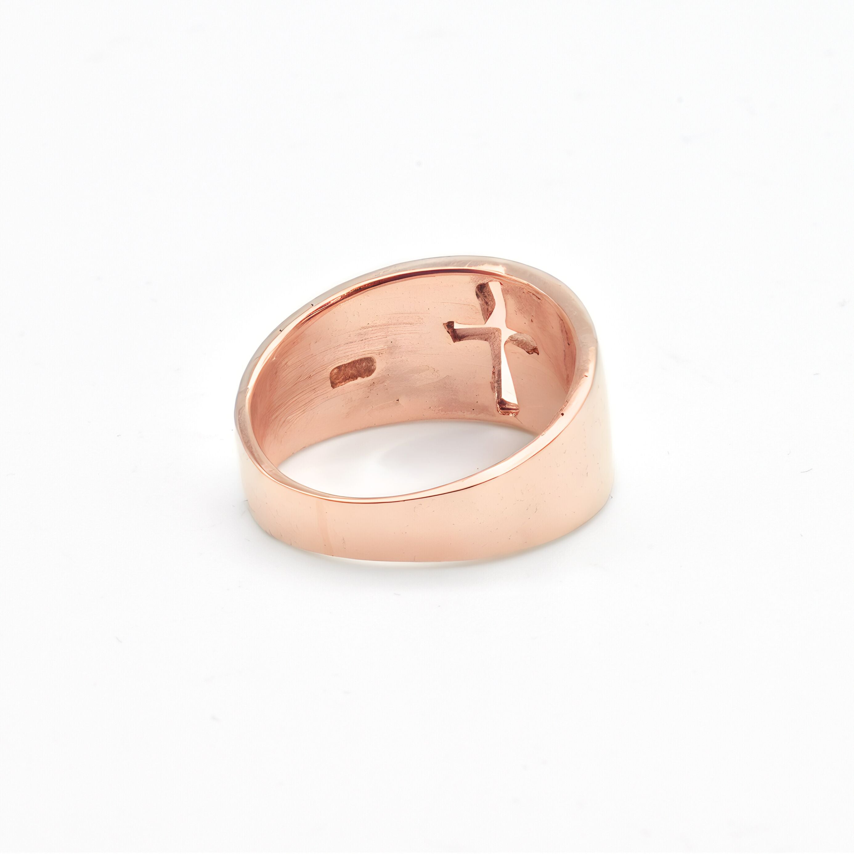 Rose gold plated ring over sterling silver, with cut out cross design. Christian ring ideal as everyday ring, or personalized gift.