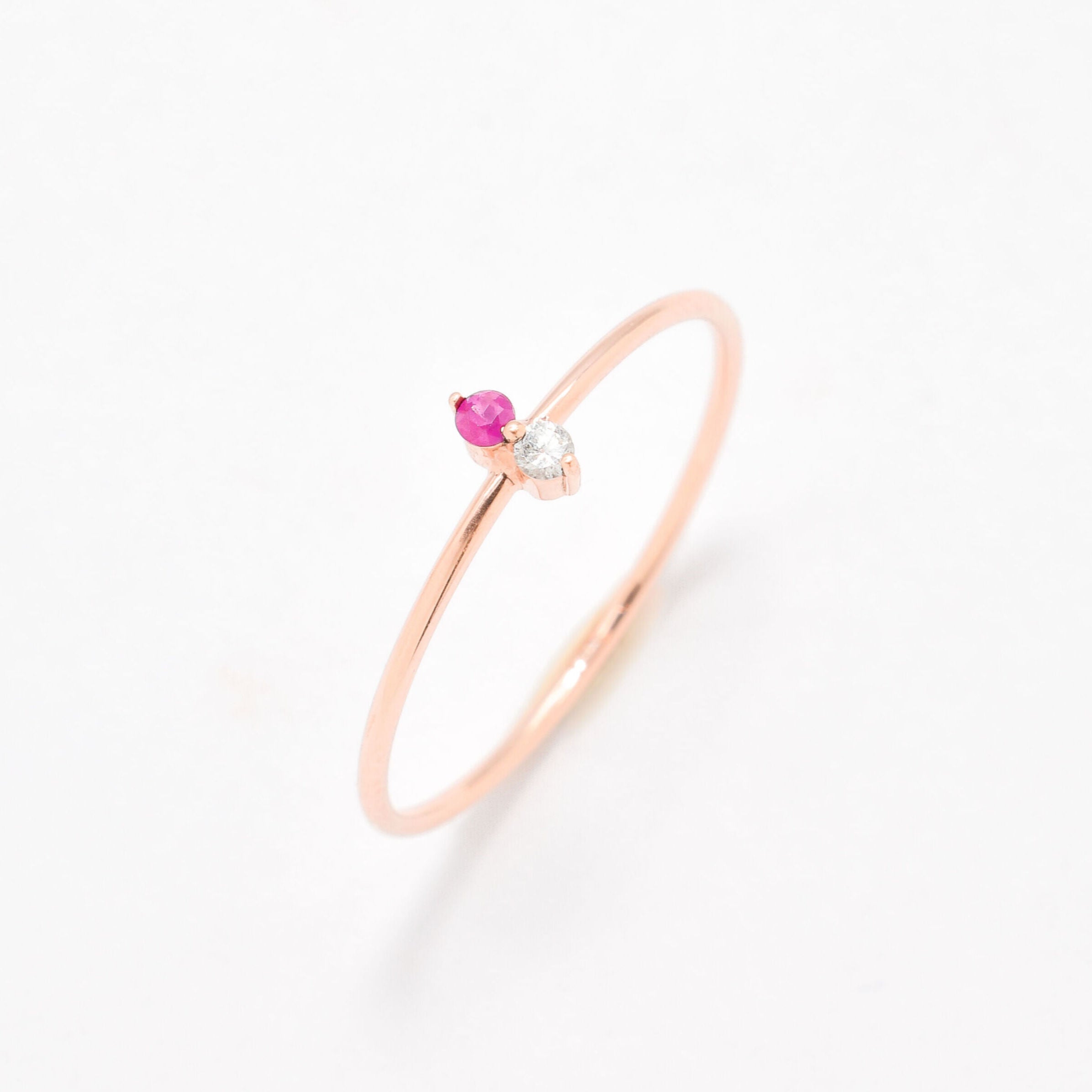 14k Solid Rose Gold Ring with Natural Diamond, and Natural Ruby Gemstones, for minimalist jewelry.