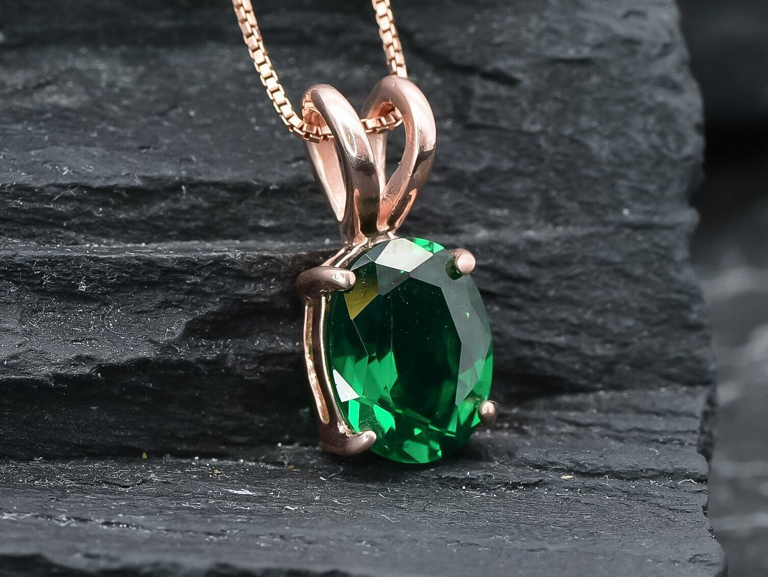 Created Emerald Pendant made in Rose Gold Vermeil with Oval Created Green Emerald in Prong setting, May Birthstone gift idea, symbolizes, ideal for everyday wear and perfect for birthday gifting and special occasions.