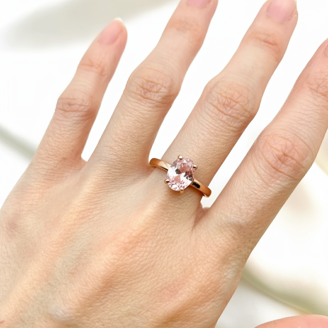Dainty Rose Gold Morganite Ring - Elegant Pink Oval Stone, perfect for daily wear and special celebrations.