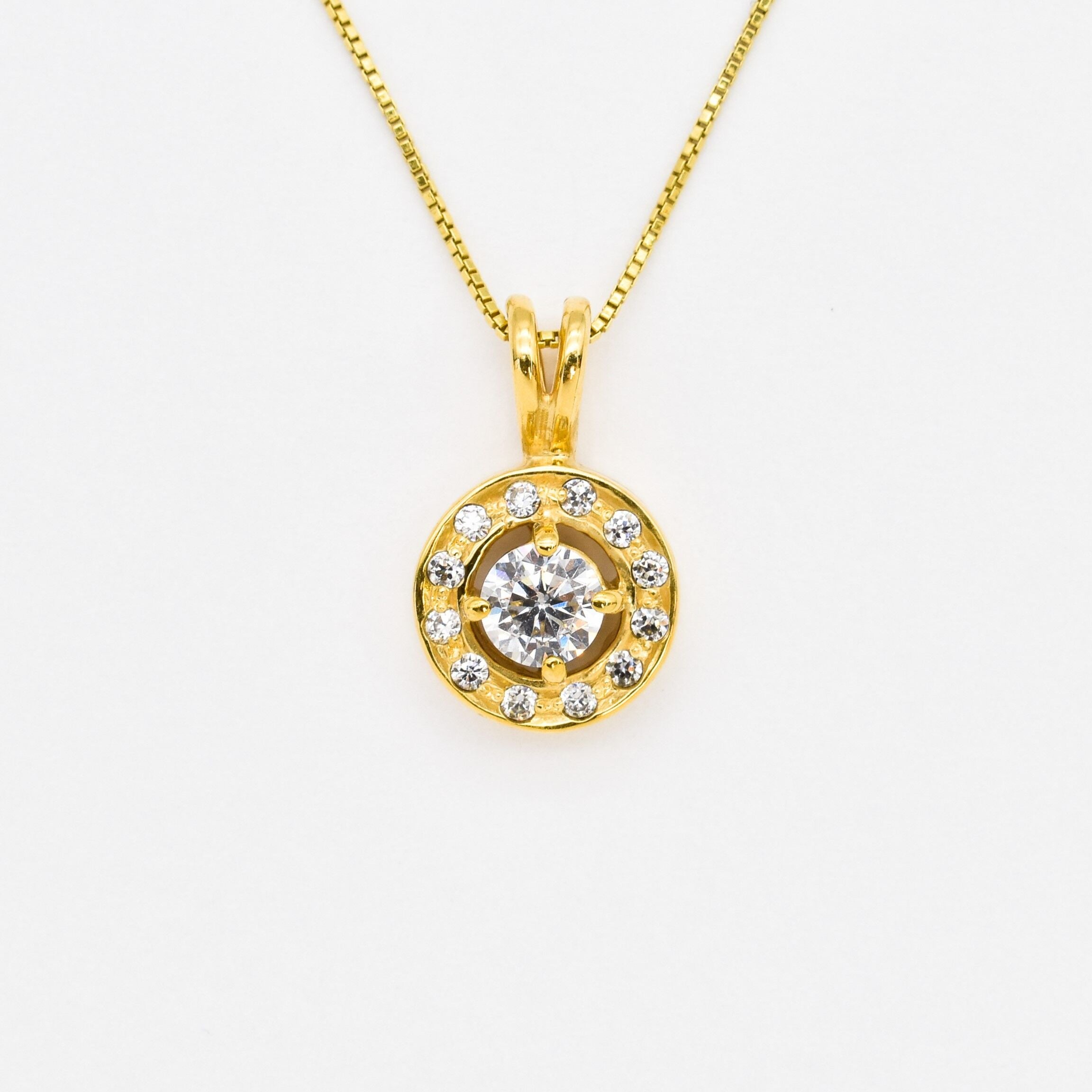 18k Yellow gold plated necklace with Diamond April birthstone in diamond cut and prong setting. Sparkly necklace ideal for special occasions and anniversary present. Round Diamond Necklace for eternal love, purity, and inner strength.