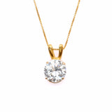 18k Yellow gold plated pendant with Diamond April birthstone in diamond and prong setting. Solitaire necklace ideal for special occasions and everyday wear. Round diamond necklace symbolizing eternal love, purity, and inner strength. Can be styled as elegant wedding necklace.