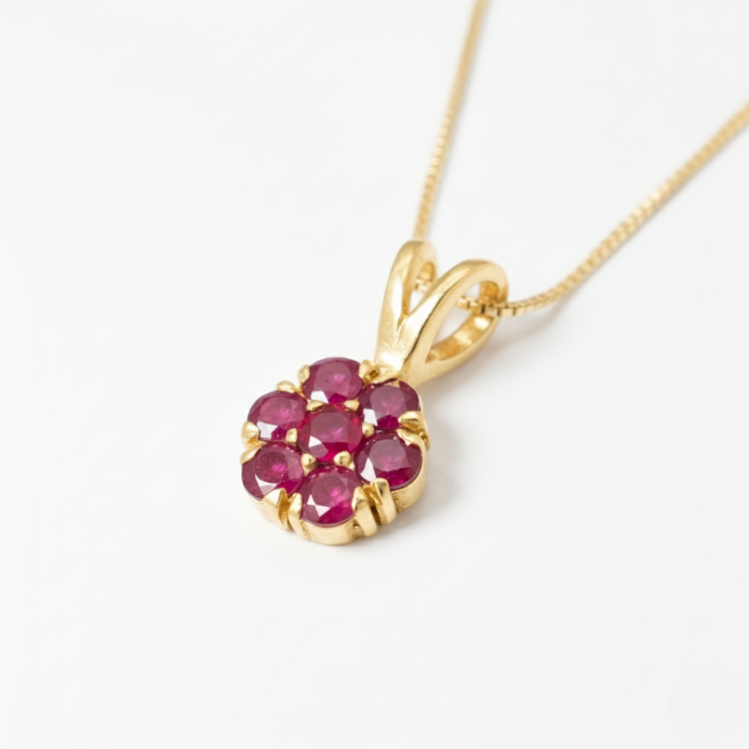 Beautiful 18k Gold Vermeil Ruby Pendant with a vibrant cluster of natural red rubies, a meaningful July birthstone gift.