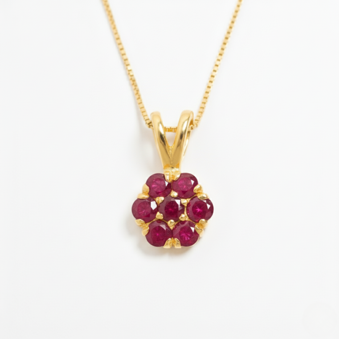 Natural Ruby Pendant made in 18k Gold Vermeil with Round Natural Red Ruby in Cluster setting, July Birthstone gift idea, symbolizes nobility, purity, and passion, ideal for everyday wear and perfect for birthday gifting and special occasions.