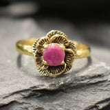 Charming 18k Gold Vermeil Ring with a stunning round natural red ruby, ideal for everyday elegance and July birthday gifts.