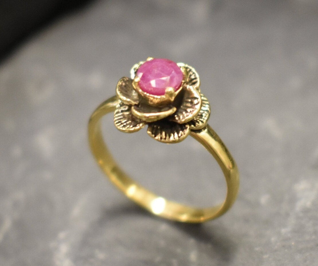 Natural Ruby Ring made in 18k Gold Vermeil with Round Natural Red Ruby in Prong setting, July Birthstone gift idea, symbolizes nobility, purity, and passion, ideal for everyday wear and perfect for birthday gifting and special occasions.