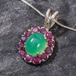 Deep pink Ruby halo around a Natural Chrysoprase center stone set in solid silver, adds charm and emotional grounding to any jewelry collection.
