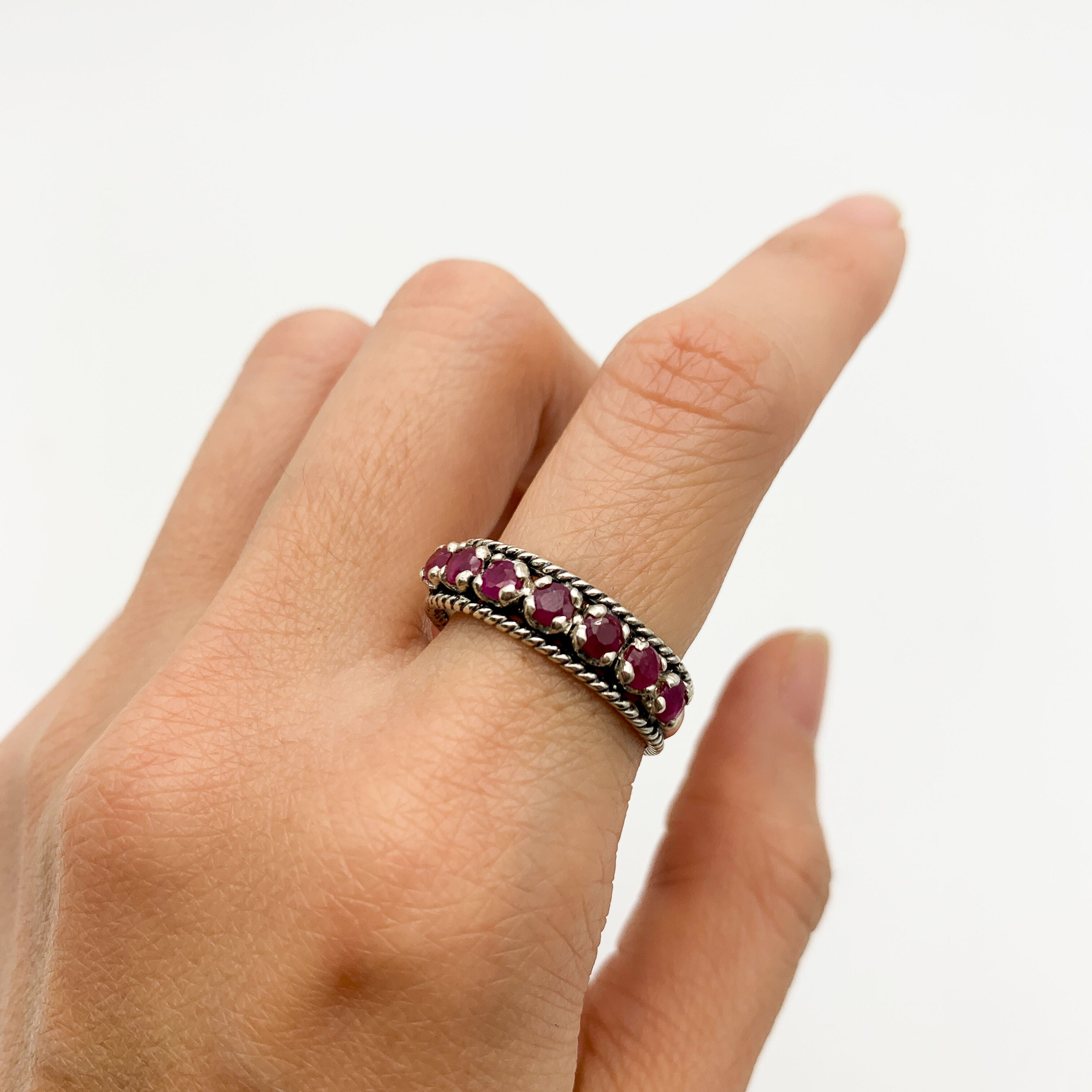 Elegant 925 Sterling Silver Ring with Channel-Set Round Natural Red Ruby, perfect for July birthdays and special occasions.