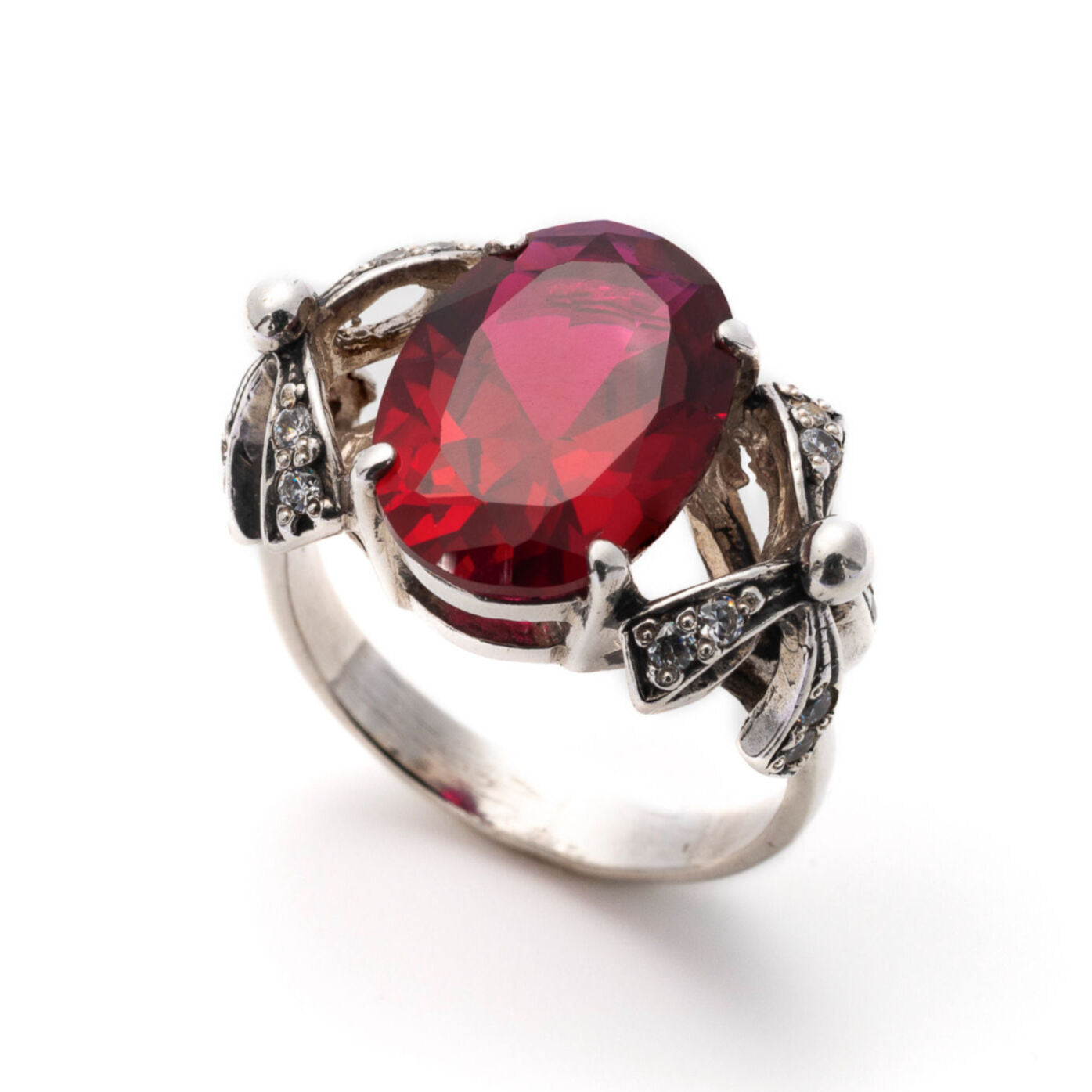 Created Ruby Ring made in 925 Sterling Silver with Oval Created Red Ruby in Solitaire with Accents setting, July Birthstone gift idea, symbolizes nobility, purity, and passion, ideal for everyday wear and perfect for birthday gifting and special occasions.