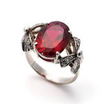 Created Ruby Ring made in 925 Sterling Silver with Oval Created Red Ruby in Solitaire with Accents setting, July Birthstone gift idea, symbolizes nobility, purity, and passion, ideal for everyday wear and perfect for birthday gifting and special occasions.