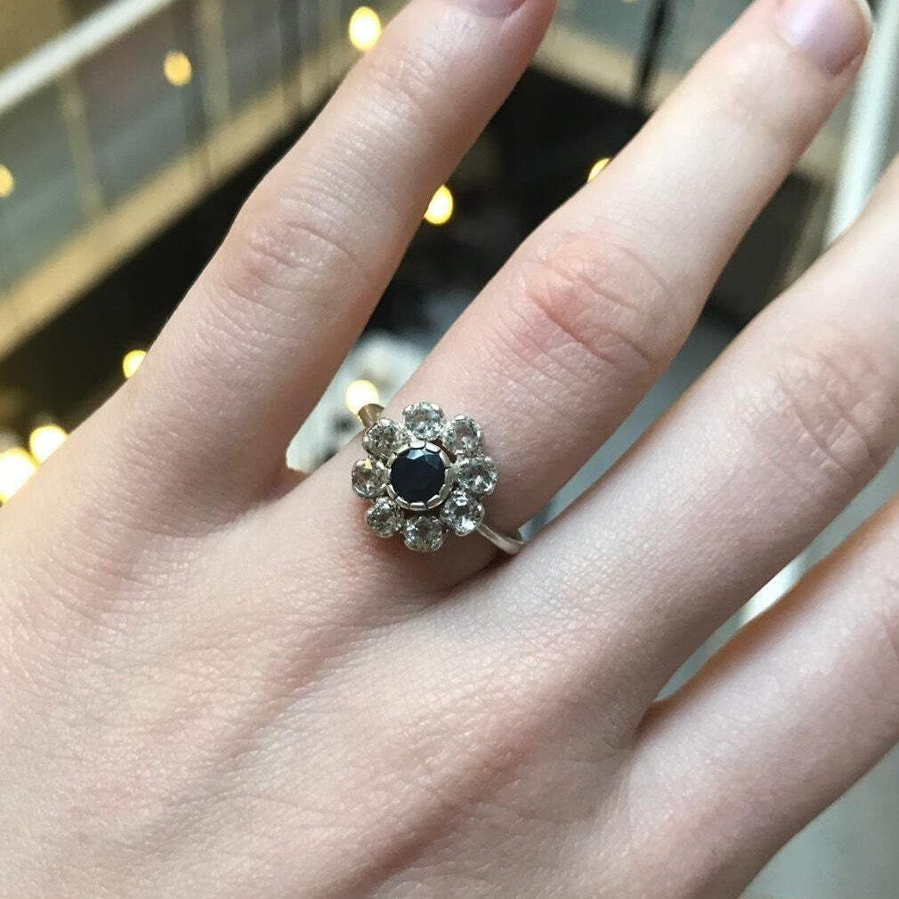 Stylish cluster sapphire ring in 925 sterling silver, perfect for September birthdays and special occasions.