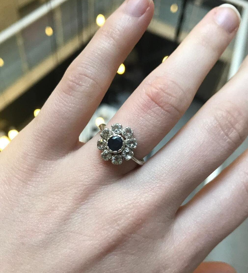 Stylish cluster sapphire ring in 925 sterling silver, perfect for September birthdays and special occasions.