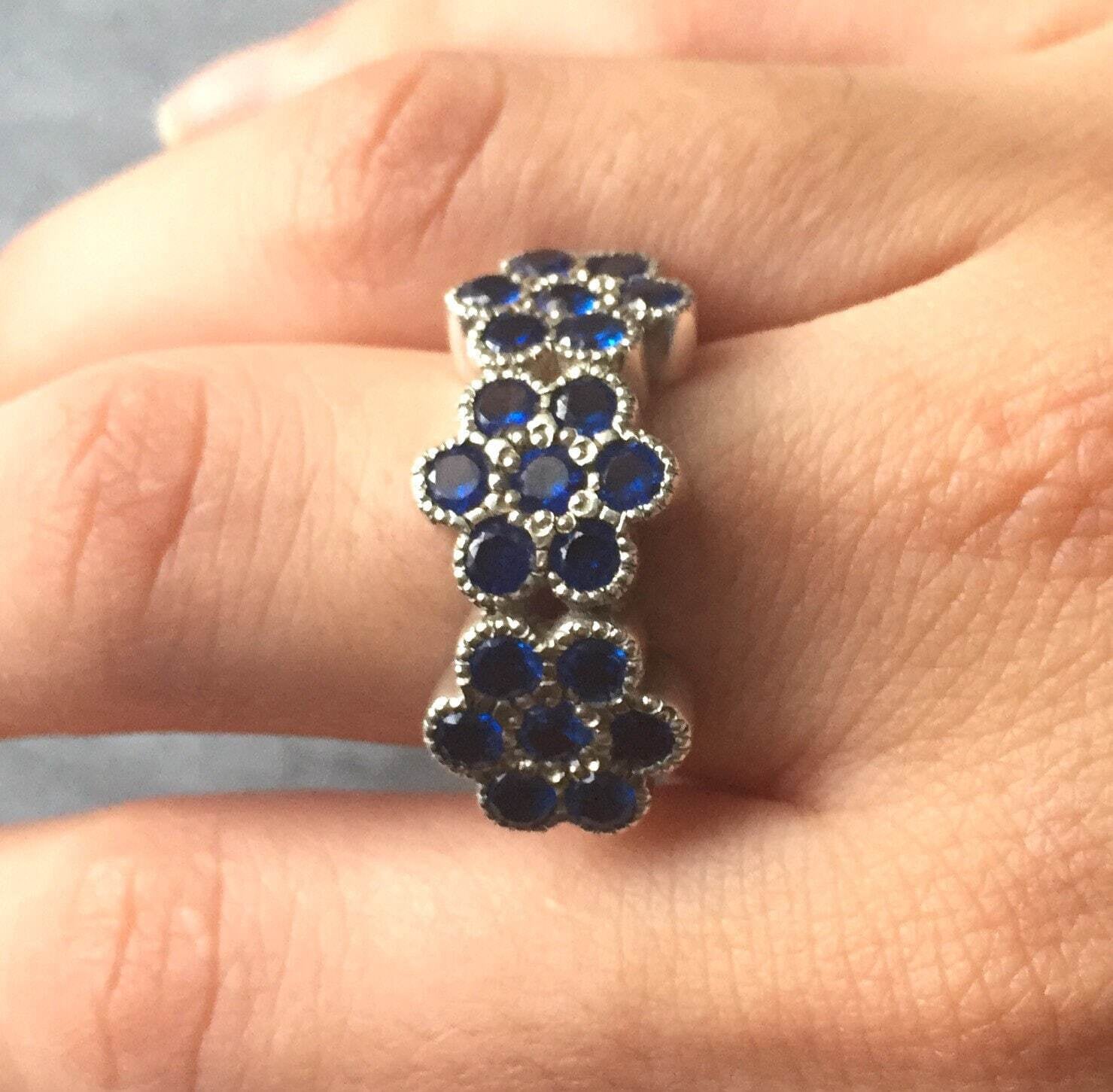 925 Sterling Silver Created Sapphire Ring with Cluster Setting, symbolizes sincerity and is an ideal gift for birthdays.