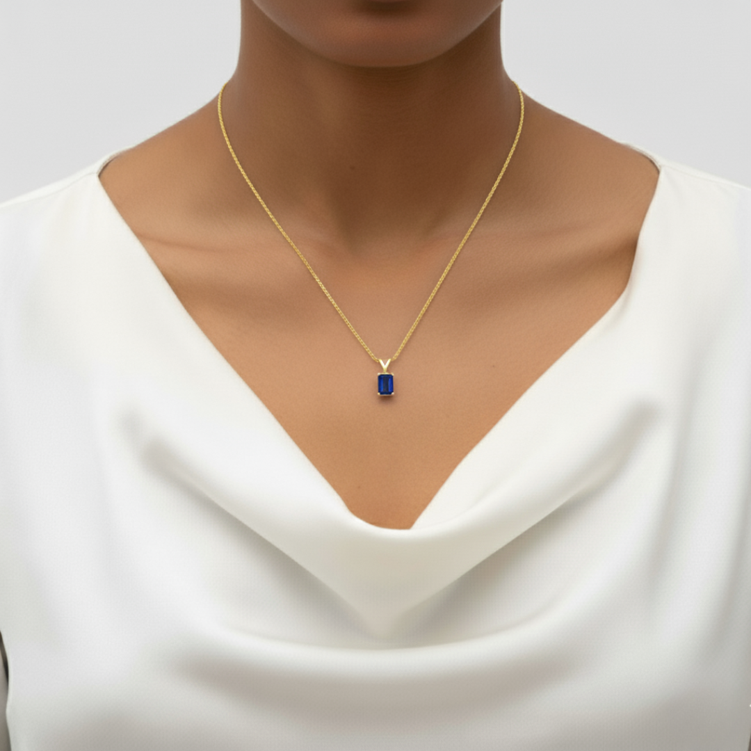 18k Gold Vermeil Sapphire Pendant, Baguette Blue Sapphire, September birthstone, gift for birthdays and special occasions.