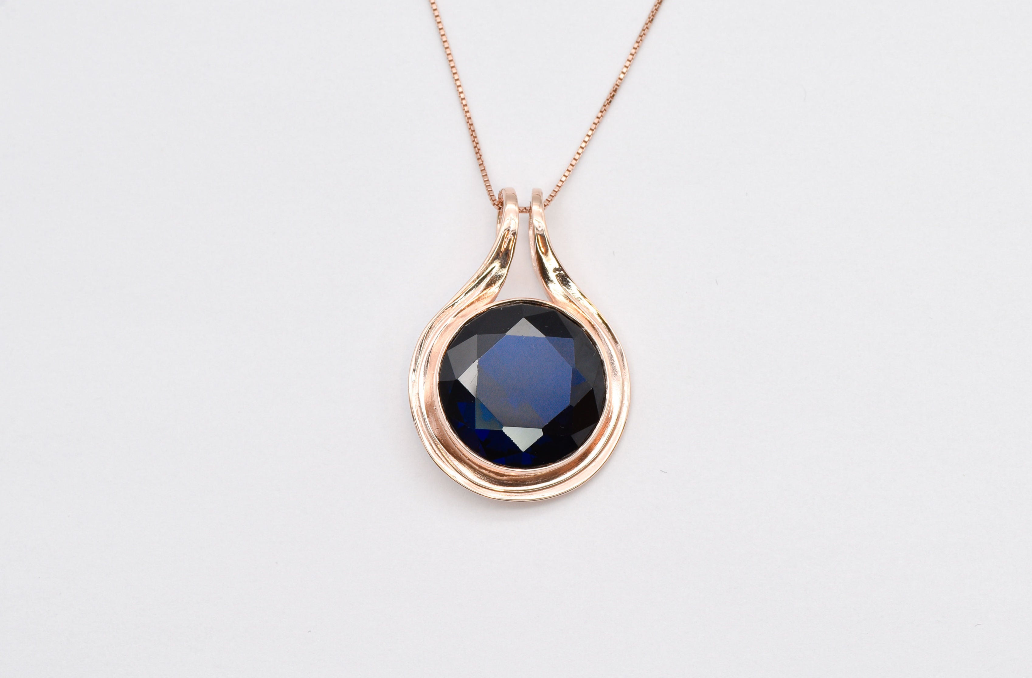Created Sapphire Pendant made in Rose Gold Vermeil with Round Created Blue Sapphire in Bezel setting, September Birthstone gift idea, symbolizes sincerity, truth, and faithfulness, ideal for everyday wear and perfect for birthday gifting and special occasions.