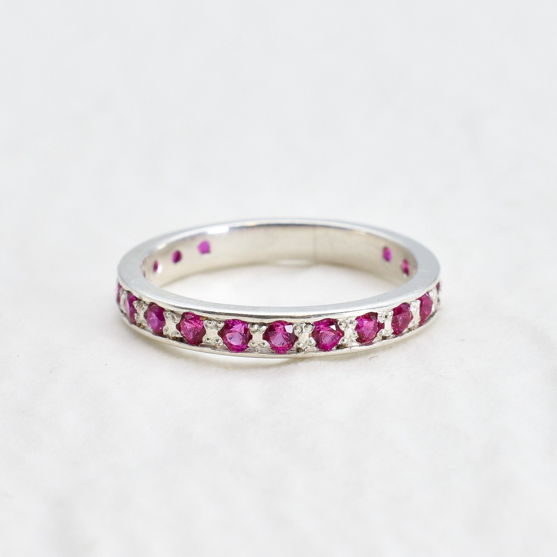 Silver Alexandrite Ring, Pink Eternity Ring, Pink Stackable Band front view