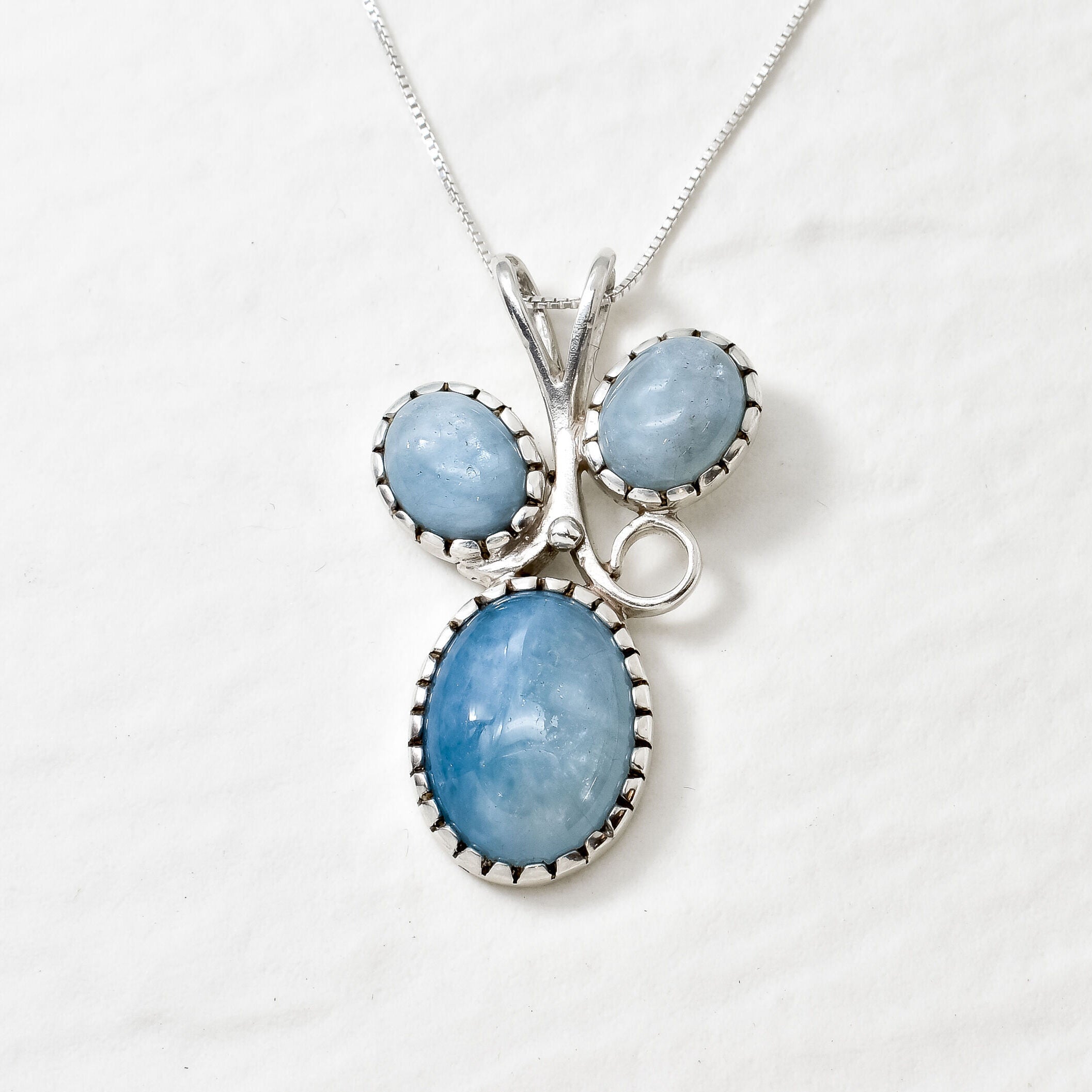 Silver Aquamarine Necklace Front View in White Background