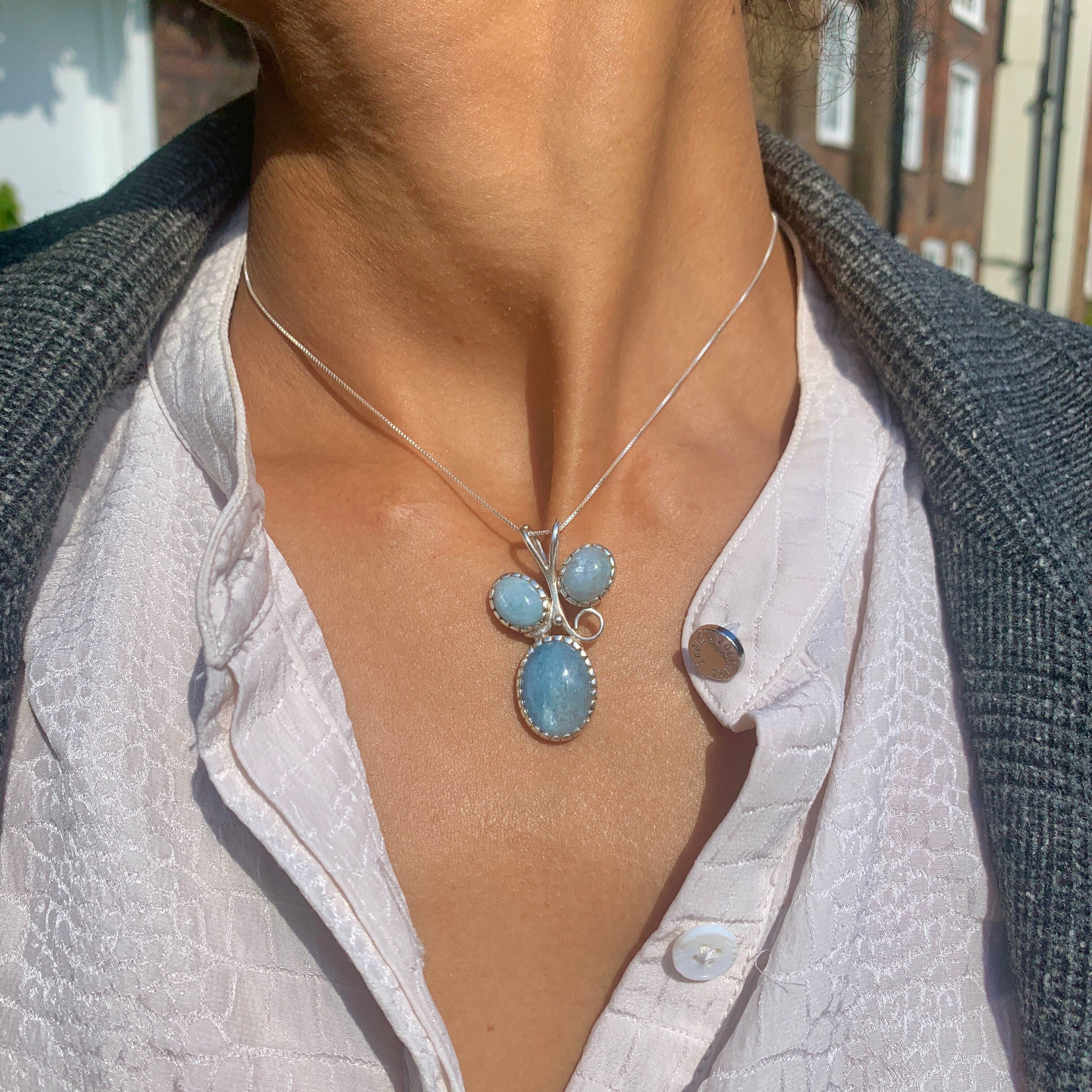 Aquamarine Necklace worn by a model