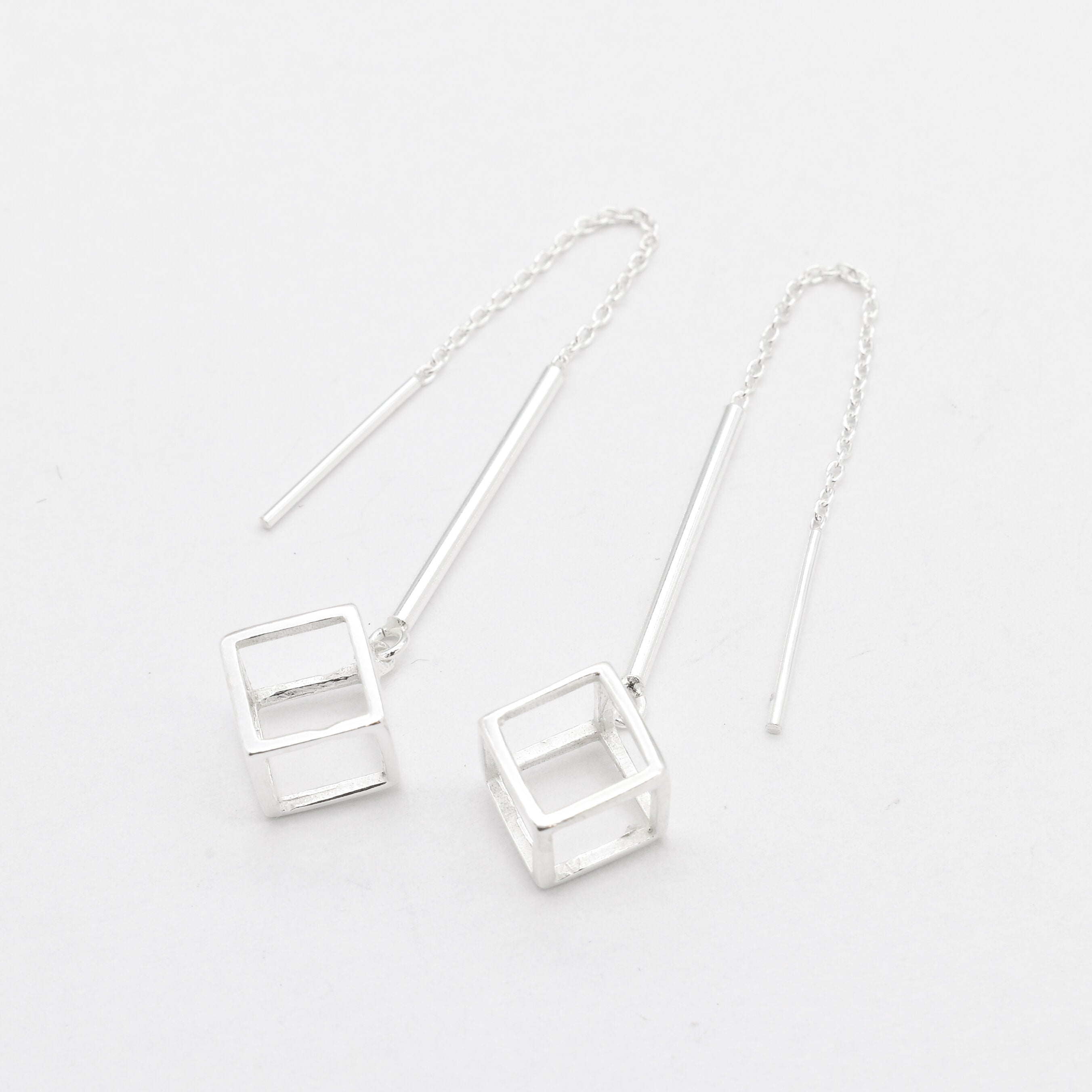 Silver Dangling Earrings, Cube Drop Earrings, Drop Square Earrings