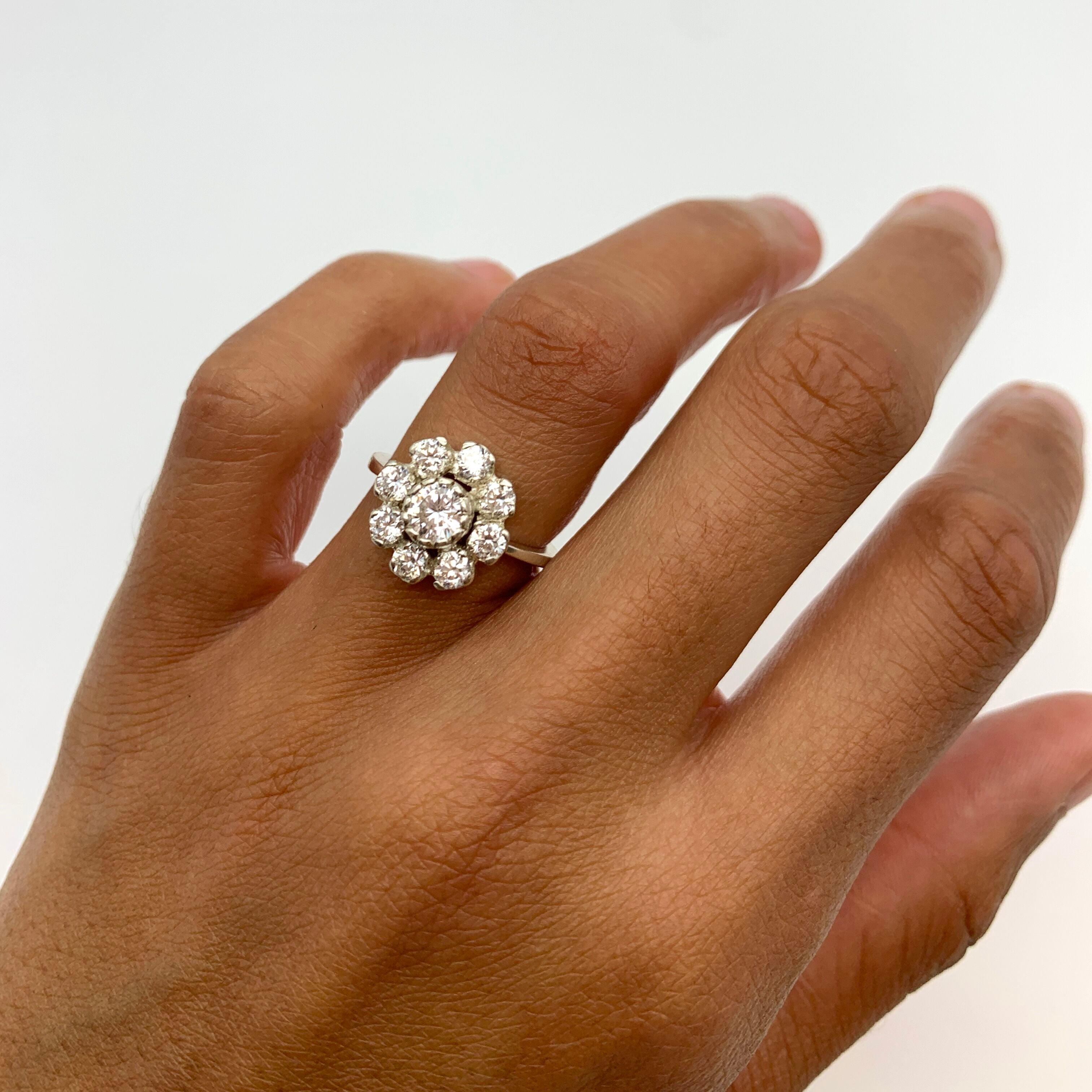 Vintage Engagement Ring, Flower Design CZ Diamonds, Solid Silver
