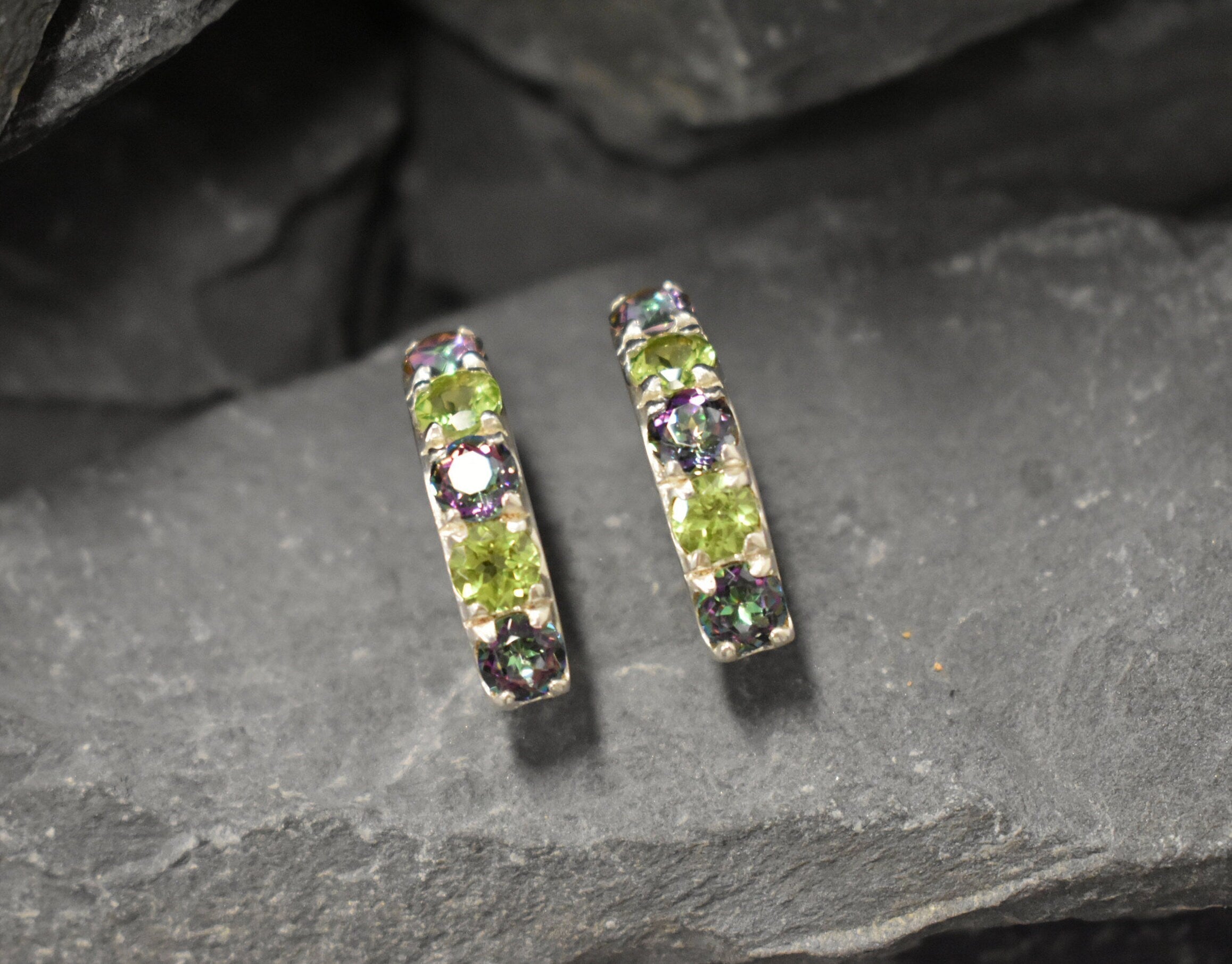 Sterling silver statement earrings with Natural Mystic Topaz and Peridot, perfect colorful gemstone accessory for birthdays, anniversaries, and summer parties