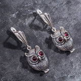 Silver Owl Earrings - Natural Garnet Earrings - Dangling Owl Earrings