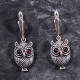 Silver Owl Earrings - Natural Garnet Earrings - Dangling Owl Earrings
