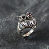Silver Owl Ring - Natural Garnet Ring - Statement Owl Ring