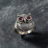 Silver Owl Ring - Natural Garnet Ring - Statement Owl Ring