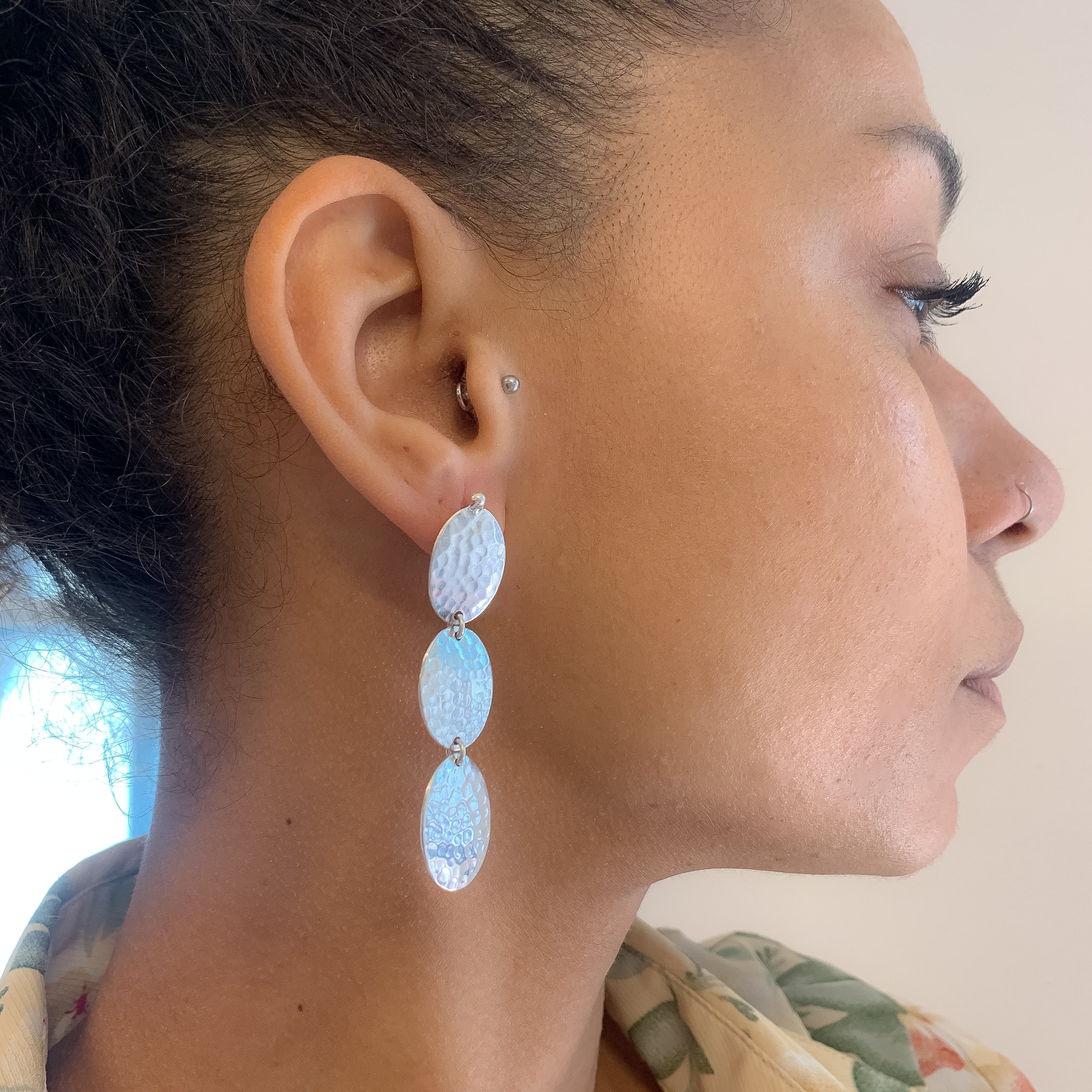 Silver Dangling Earrings, Long Drop Earrings, Silver Statement Earrings worn by model