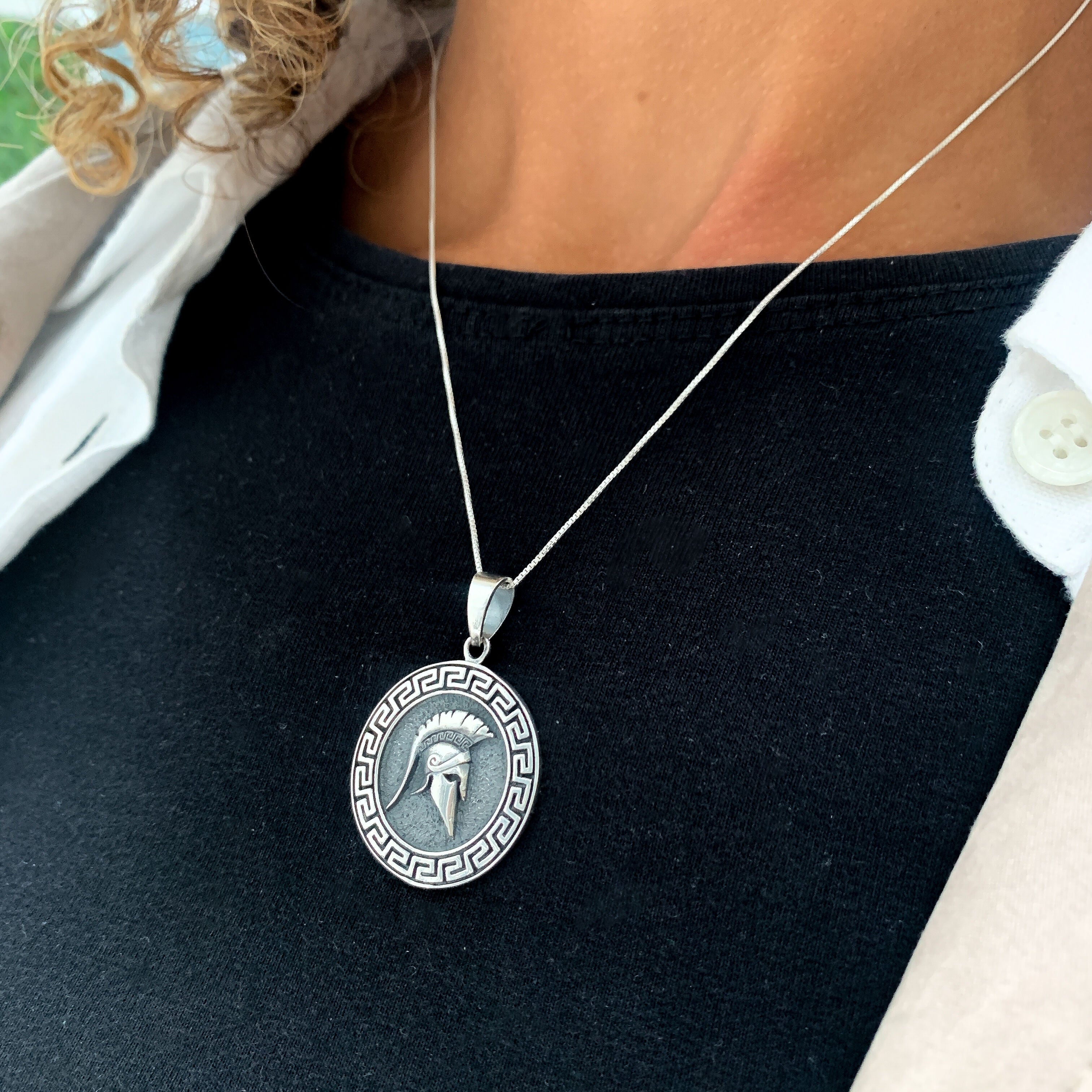 Warrior Helmet Pendant, Silver Spartan Necklace, Gladiator Pendant worn by model