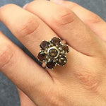Smoky Topaz cluster ring worn on the middle finger, paired with short natural nails for a minimalist everyday look — ideal for casual outfits and evening party styling