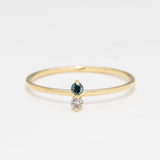 Solid 14k Yellow Gold Ring set with Certified Diamond, and Genuine Blue Diamond gemstones. April birthstone ring that symbolizes eternal love, purity, and inner strength. Dainty, luxurious, and minimalist solid gold ring with real diamonds, for clarity, and abundance. Ideal for special occasions, and regal glam.