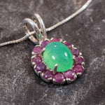 Real 925 silver Chrysoprase necklace surrounded by Natural Ruby gems, handcrafted for style and balance, perfect for gemstone lovers and healing crystal believers.