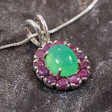 Real 925 silver Chrysoprase necklace surrounded by Natural Ruby gems, handcrafted for style and balance, perfect for gemstone lovers and healing crystal believers.