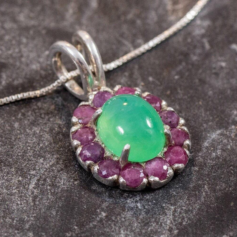 Real 925 silver Chrysoprase necklace surrounded by Natural Ruby gems, handcrafted for style and balance, perfect for gemstone lovers and healing crystal believers.