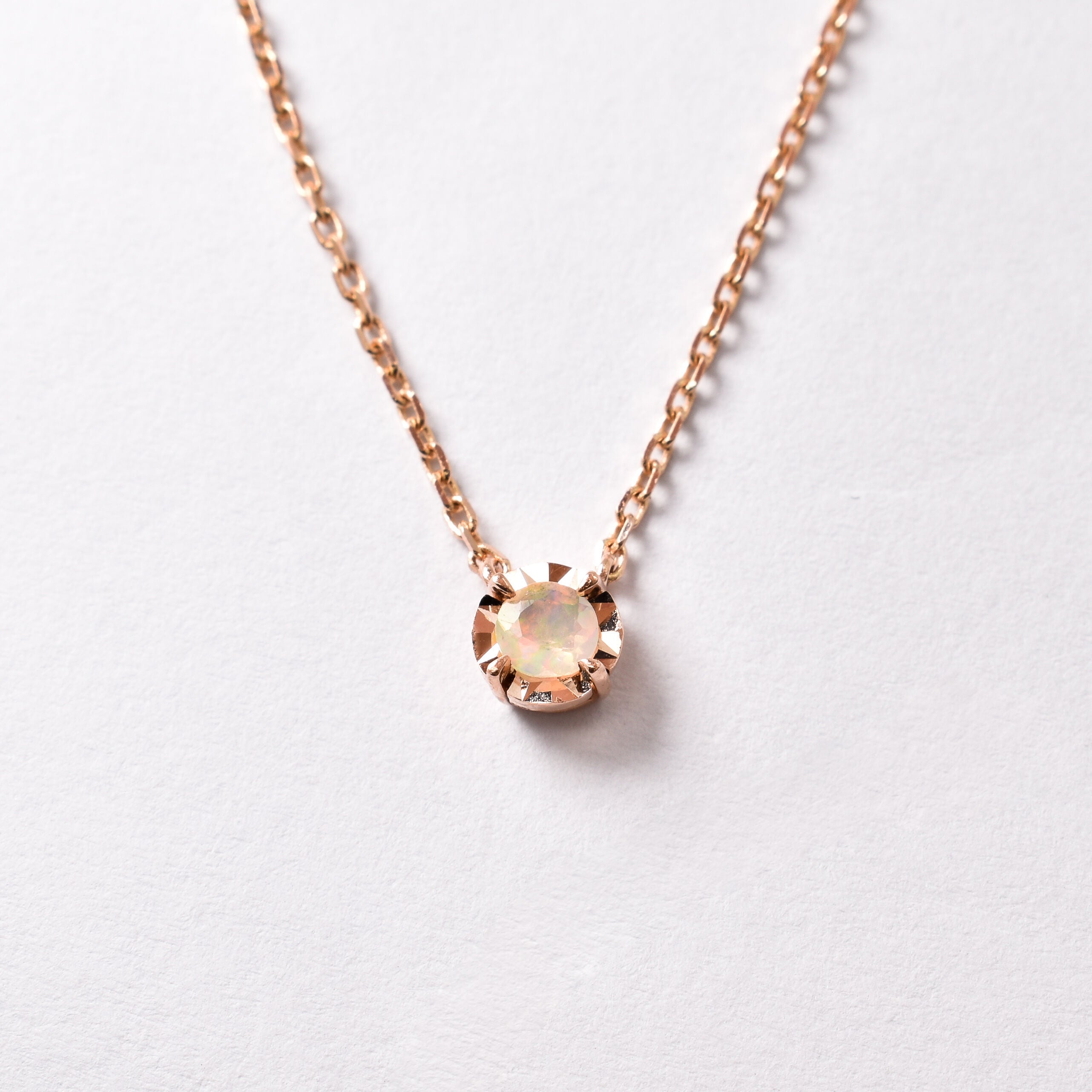 Real Solid Gold Necklace made in 14k Rose Gold with Round Fire Natural in setting, October Birthstone gift idea, symbolizes, ideal for everyday wear and perfect for birthday gifting and special occasions.