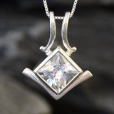 Square Diamond Necklace - Created CZ Diamond Pendant - Asymmetric Silver Necklace