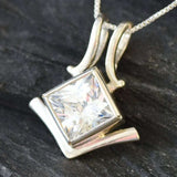 Square Diamond Necklace - Created CZ Diamond Pendant - Asymmetric Silver Necklace