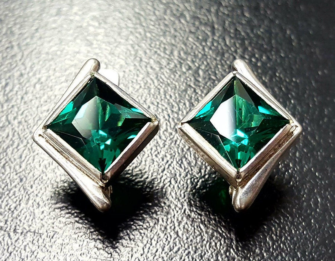 Created Emerald Earrings made in 925 Sterling Silver with Square Created Green Emerald in Bezel setting, May Birthstone gift idea, symbolizes, ideal for everyday wear and perfect for birthday gifting and special occasions.
